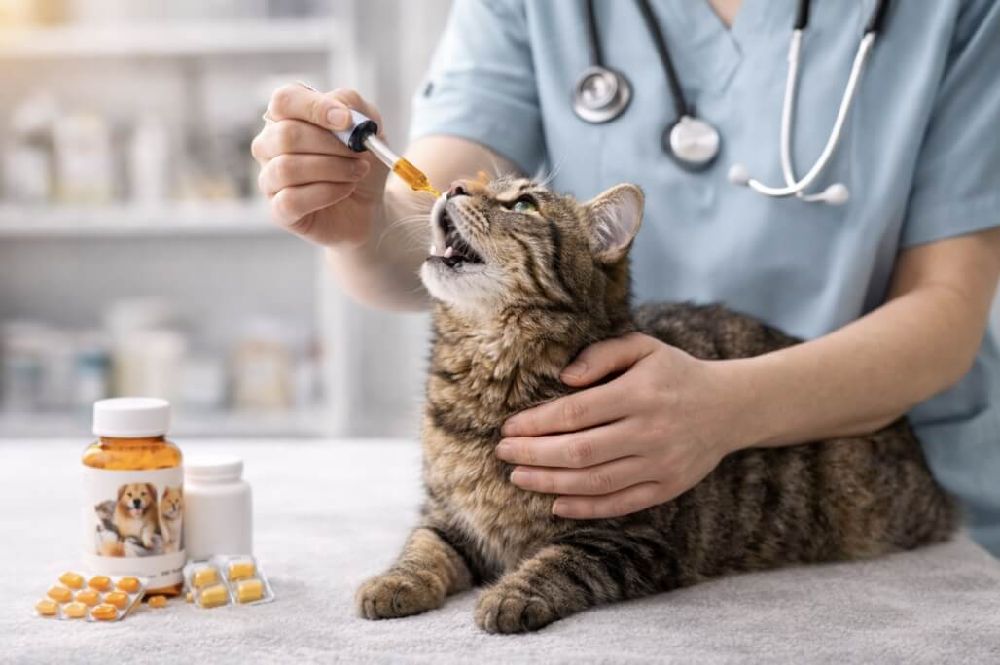 котка която приема лекарство с пипетка